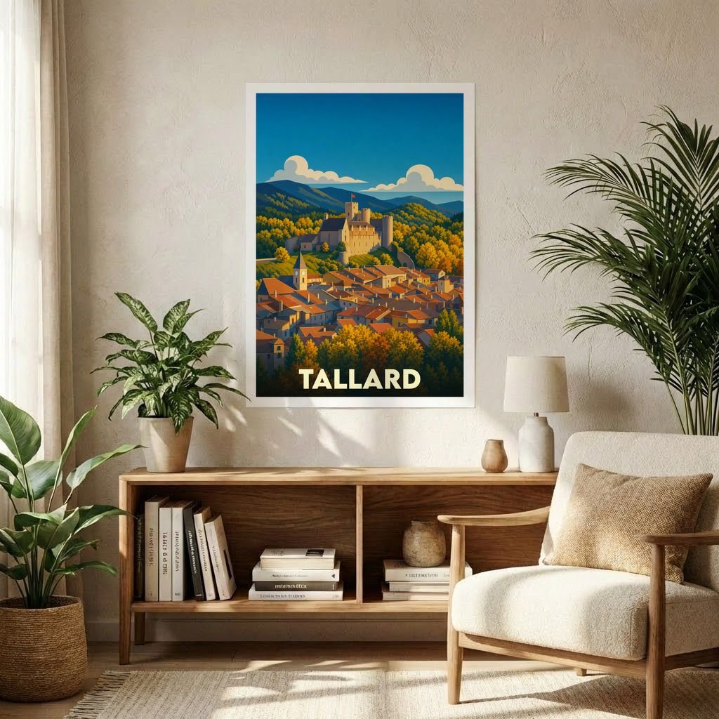 Affiche souvenir de la ville de Tallard représentant son château et ses toits provençaux dans un style graphique rétro.