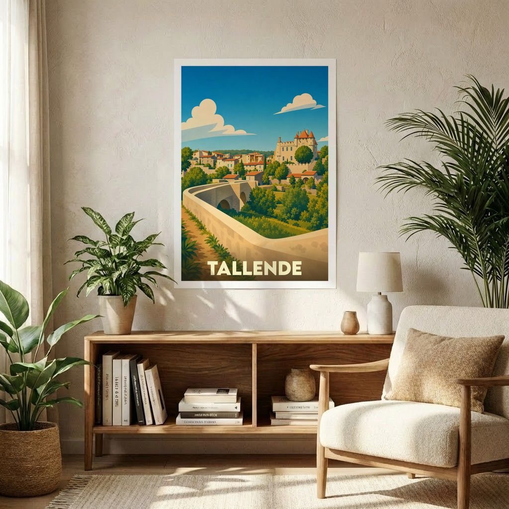 Affiche souvenir de la ville de Tallende avec une illustration stylisée représentant son château et son pont en pierre.