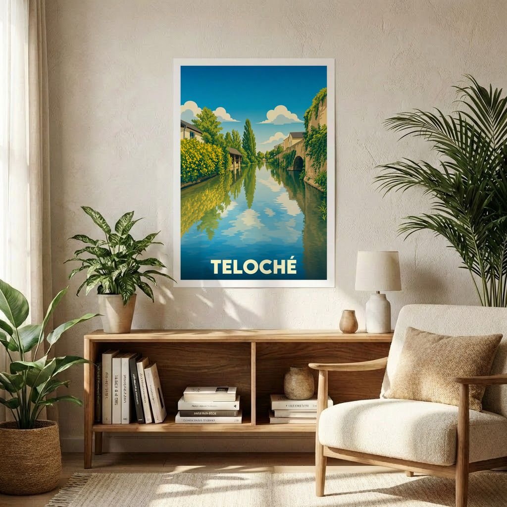 Affiche souvenir de la ville de Teloché avec une illustration stylisée d'un canal bordé de végétation.
