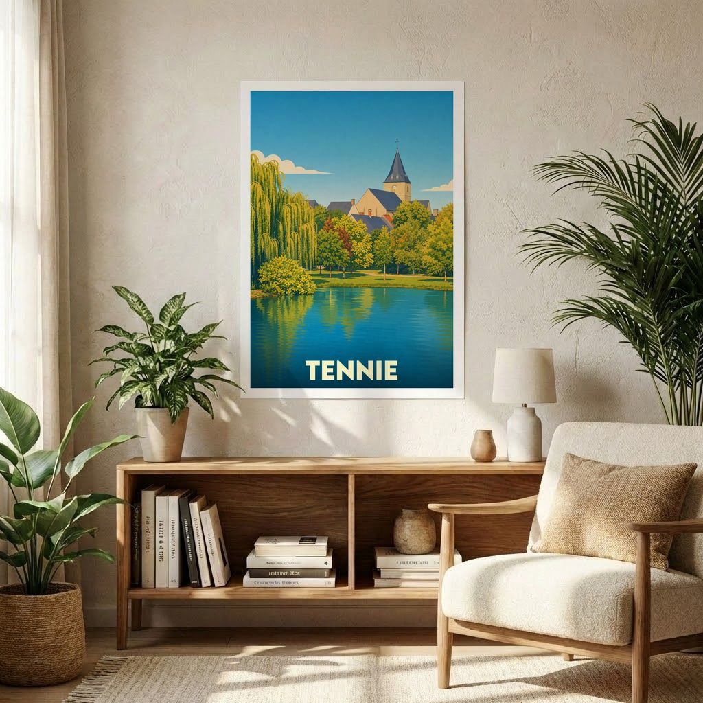 Affiche souvenir de la ville de Tennie illustrant un paysage paisible avec son église et un plan d'eau.