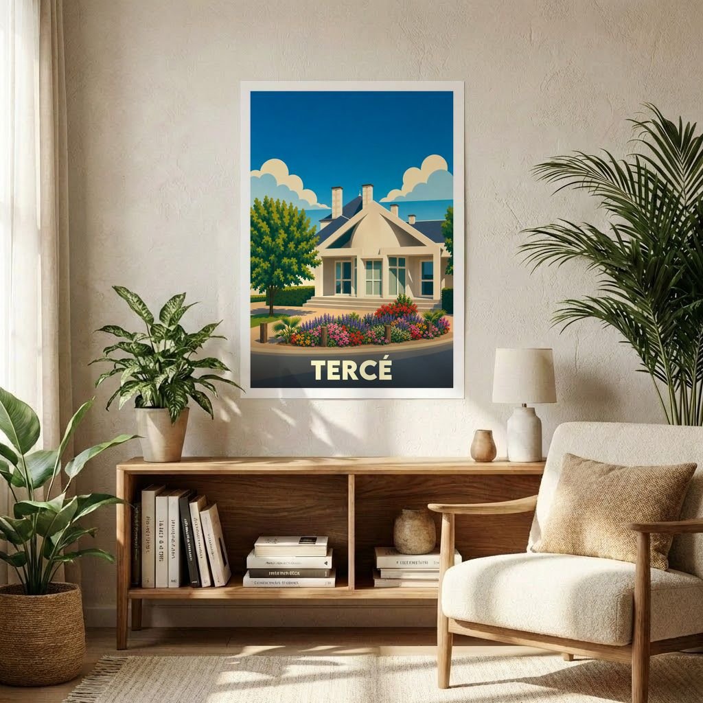 Affiche souvenir de la ville de Tercé avec une illustration stylisée de maison et jardin.