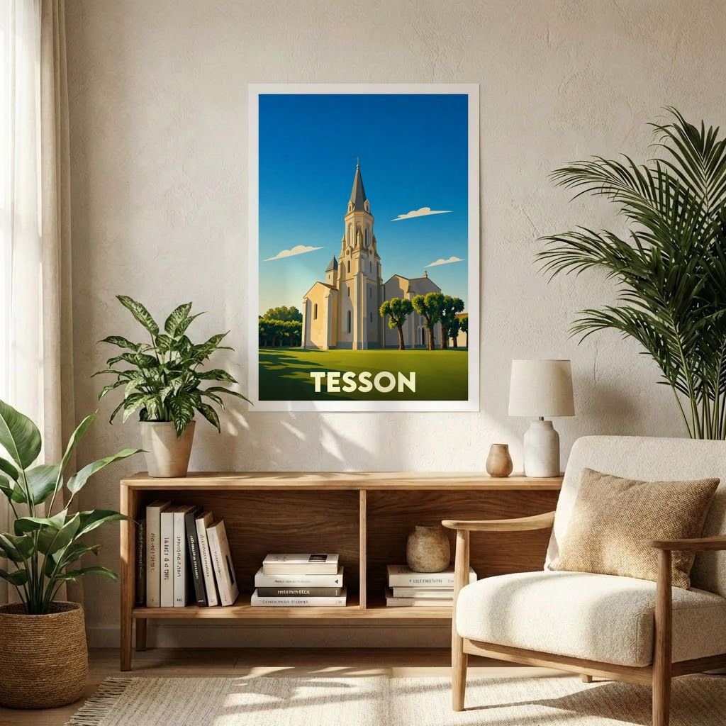 Affiche souvenir de la ville de Tesson présentant une illustration stylisée de son église sous un ciel bleu.