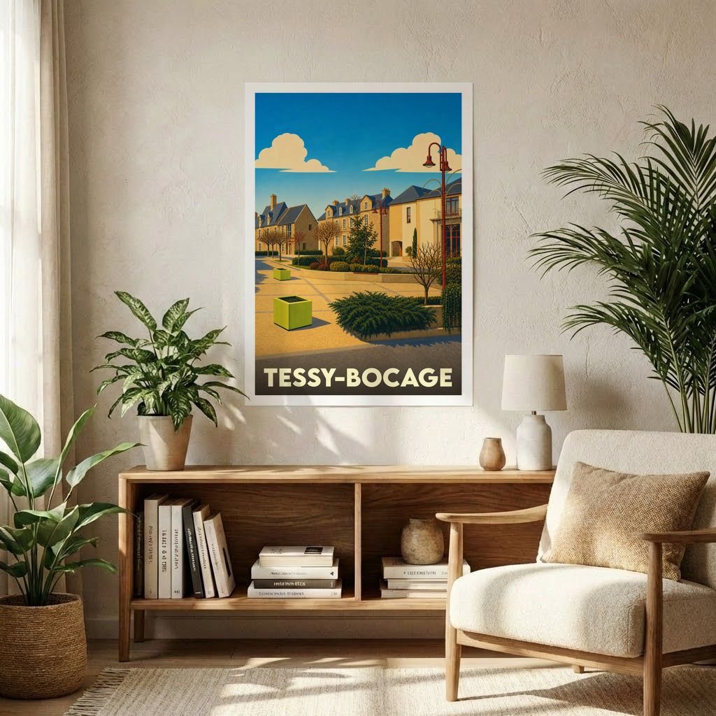 Affiche souvenir de la ville de Tessy-Bocage avec une illustration stylisée d'une place ensoleillée.