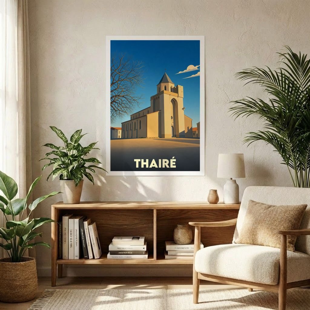 Affiche souvenir de la ville de Thairé avec une illustration stylisée d'une église sous un ciel bleu.