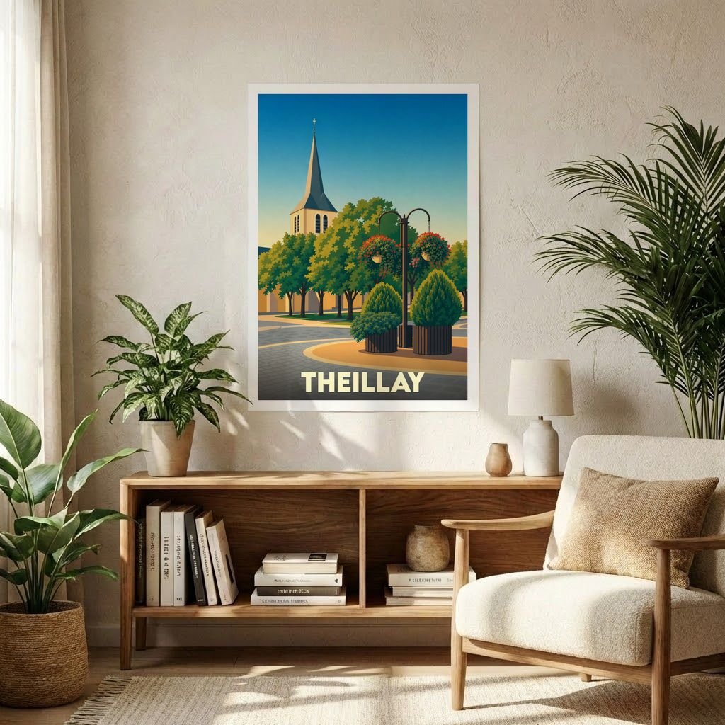 Affiche souvenir de la ville de Theillay avec une illustration stylisée d'une église et d'une place arborée.