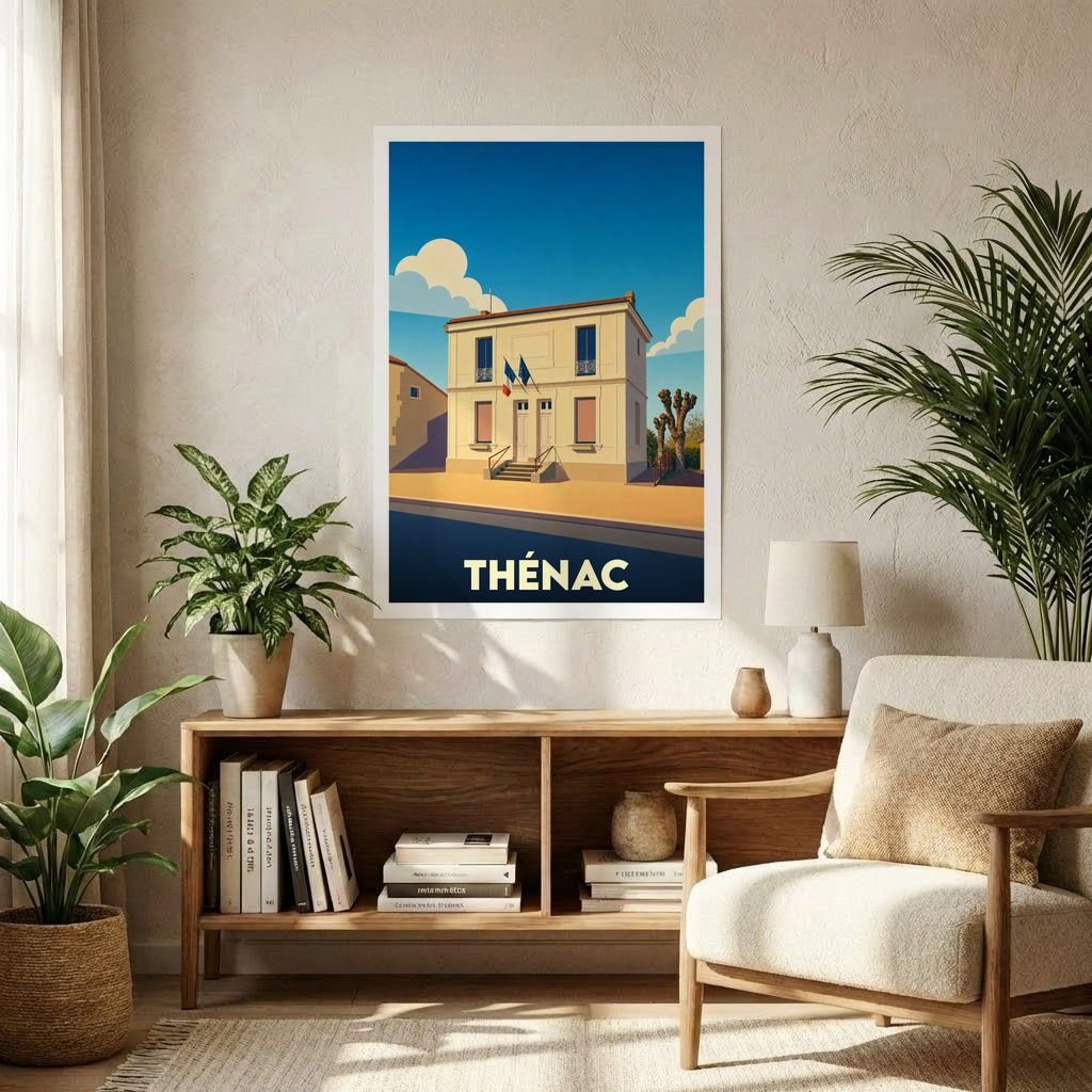 Affiche souvenir de la ville de Thénac avec une illustration stylisée de sa mairie.
