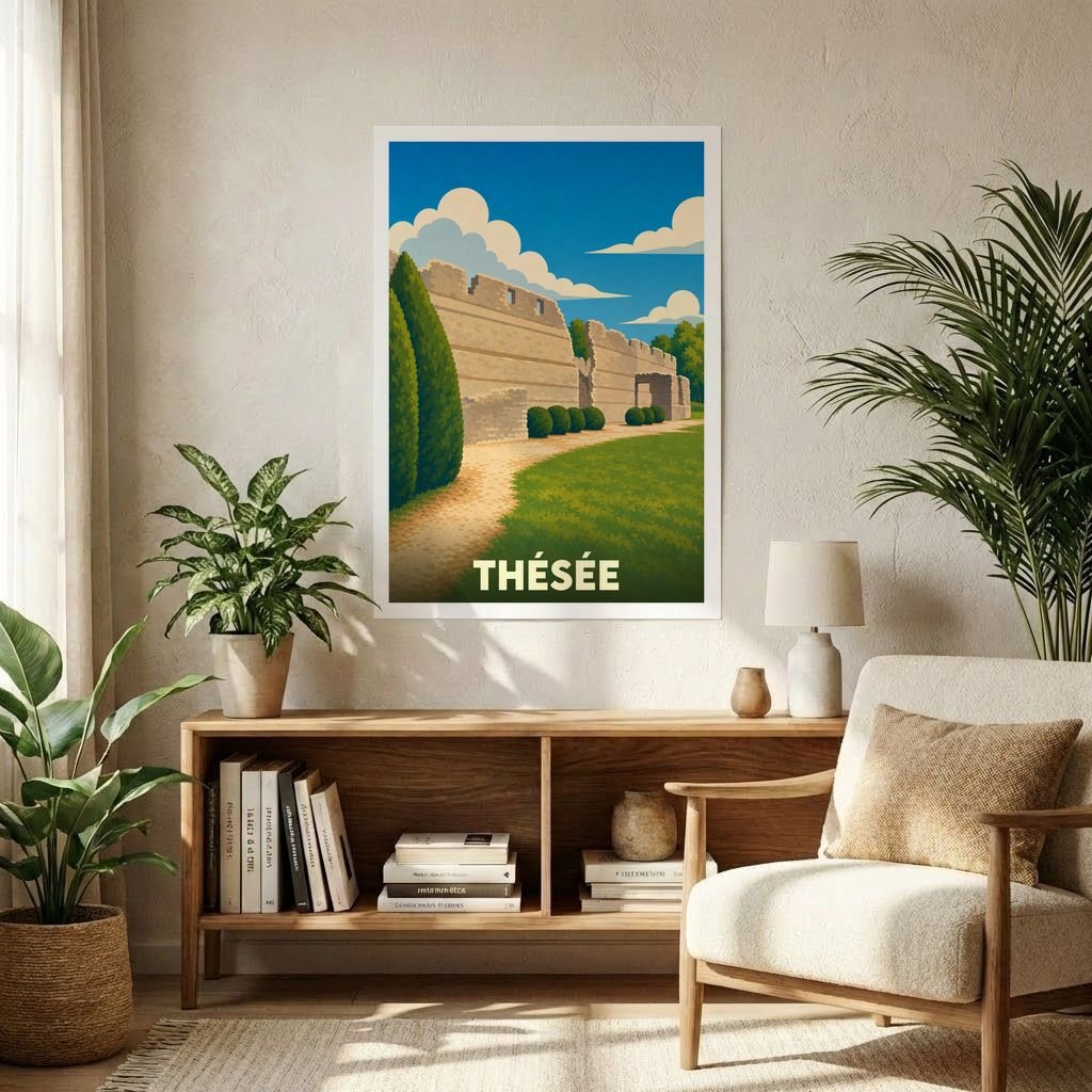 Affiche souvenir de la ville de Thésée représentant ses vestiges historiques dans un style graphique épuré.