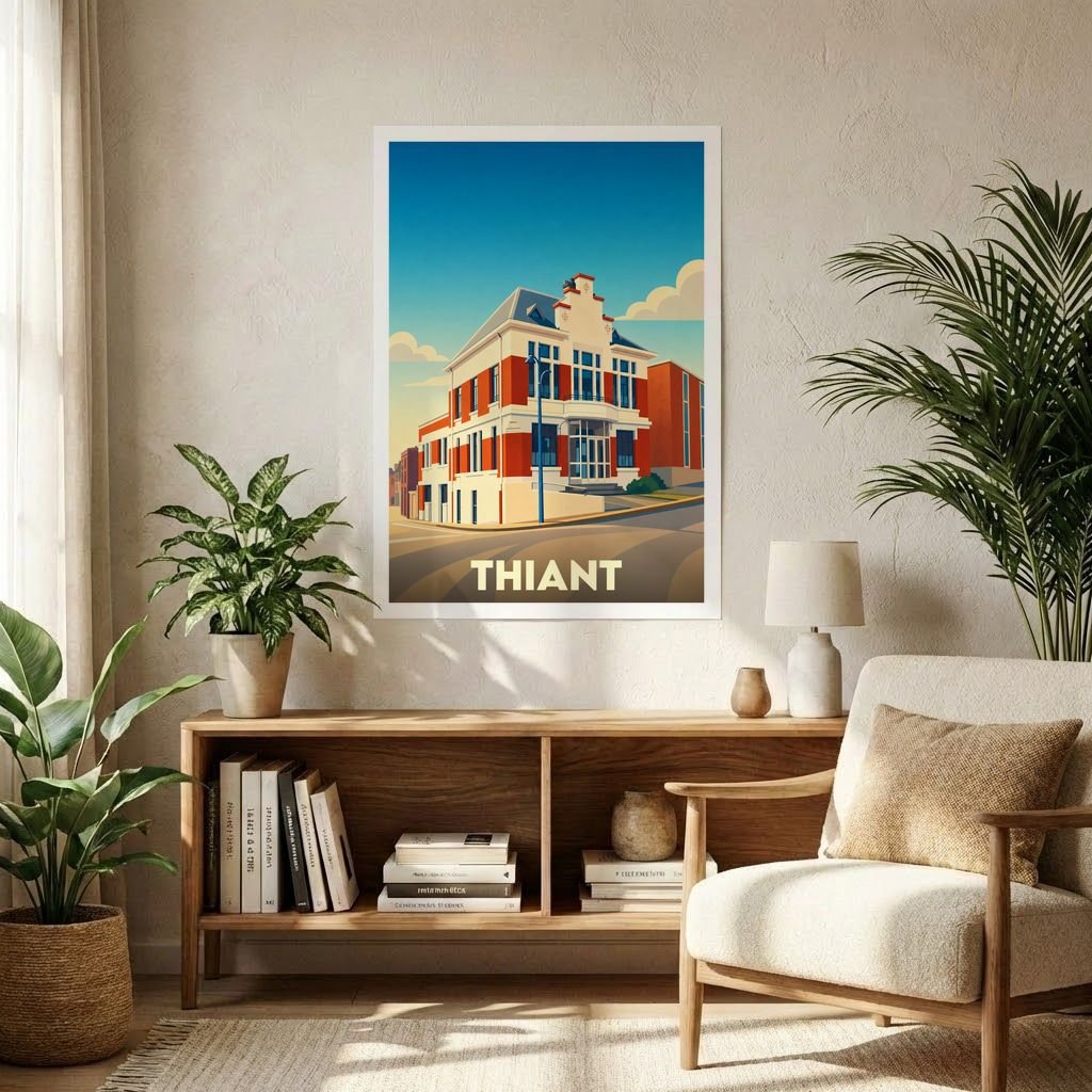 Affiche souvenir de la ville de Thiant avec une illustration stylisée d'un bâtiment emblématique en briques rouges.