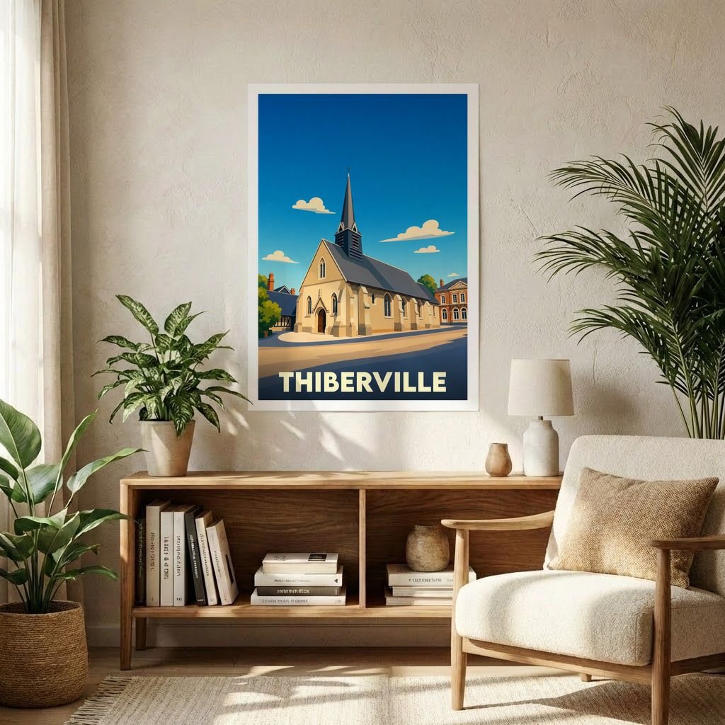 Affiche souvenir de la ville de Thiberville avec une illustration stylisée de son église sous un ciel bleu.