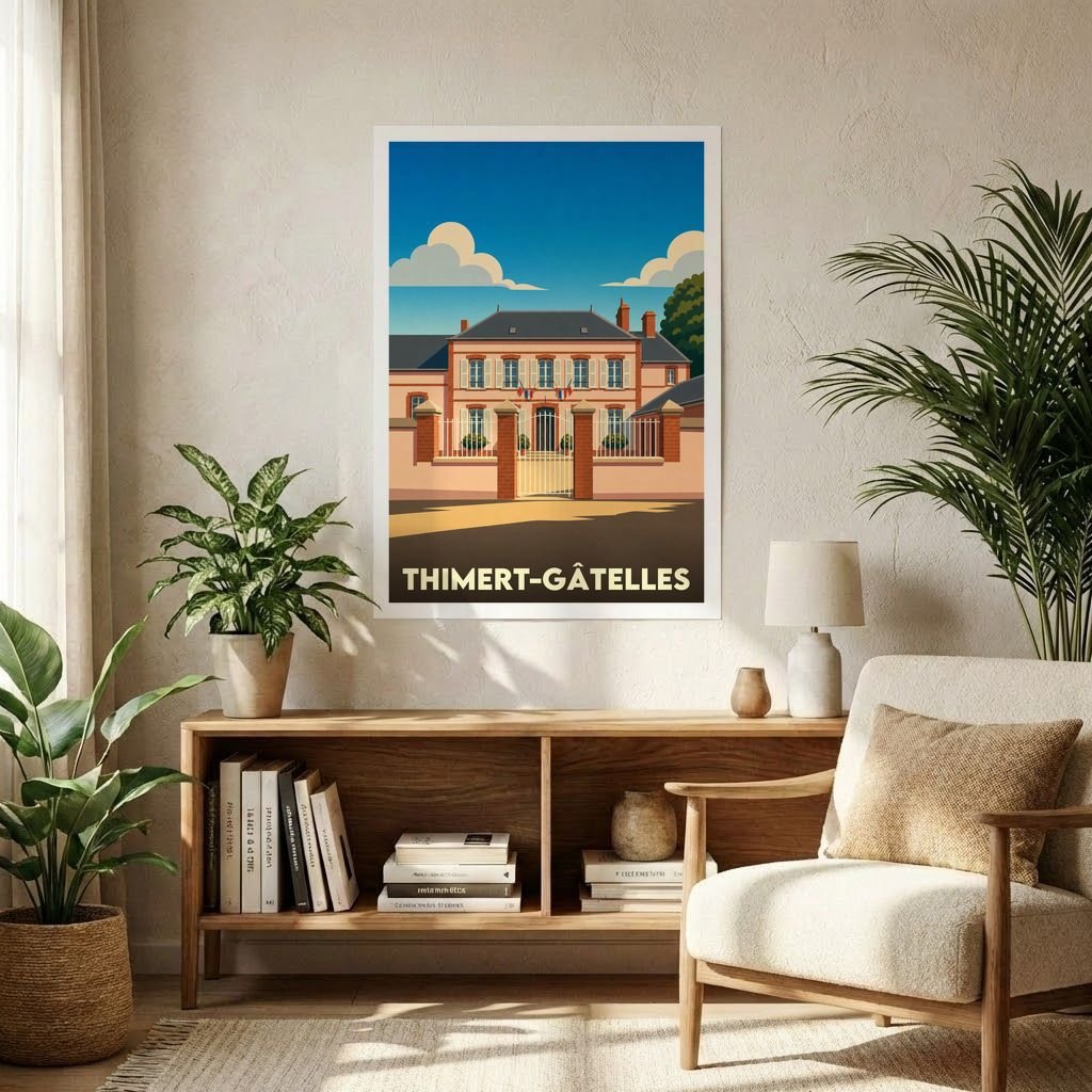 Affiche souvenir de la ville de Thimert-Gâtelles avec une illustration stylisée de sa mairie.