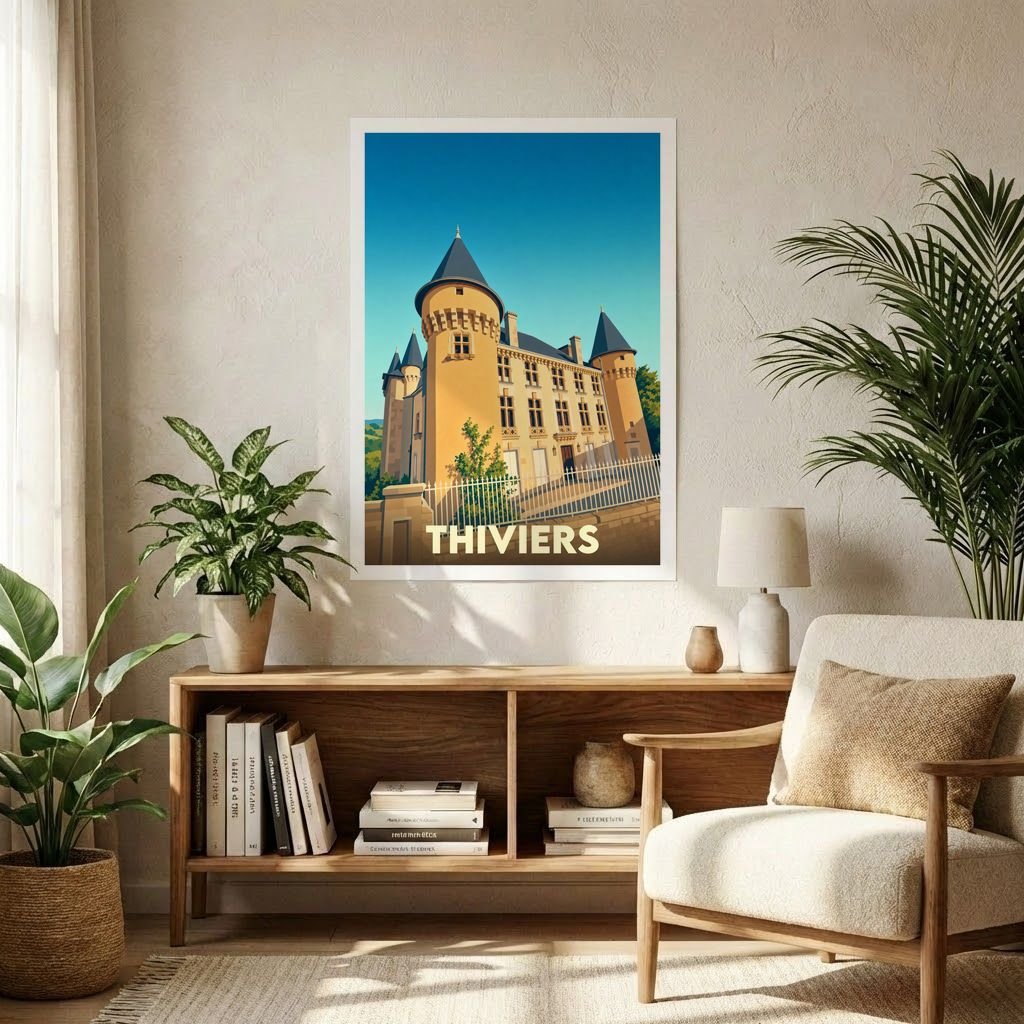 Affiche souvenir de la ville de Thiviers représentant son château dans un style graphique épuré et coloré.