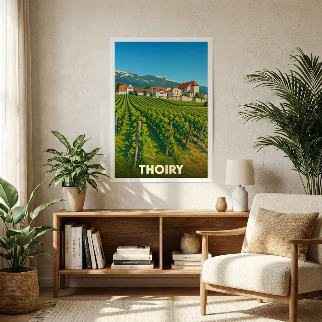 Affiche souvenir de la ville de Thoiry représentant un paysage de vignes et de montagnes avec une illustration stylisée.
