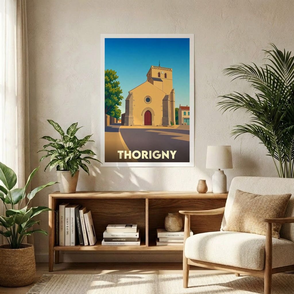 Affiche souvenir de la ville de Thorigny représentant son église dans un style graphique épuré.