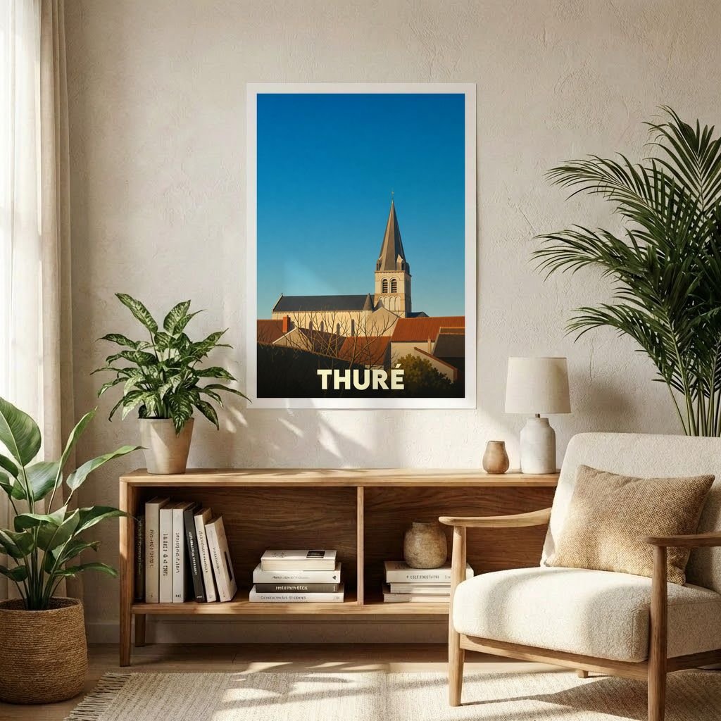 Affiche souvenir de la ville de Thuré avec une illustration stylisée de son église sous un ciel bleu.