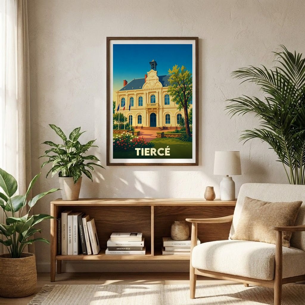 Affiche souvenir de la ville de Tiercé illustrant son hôtel de ville dans un style vintage coloré.