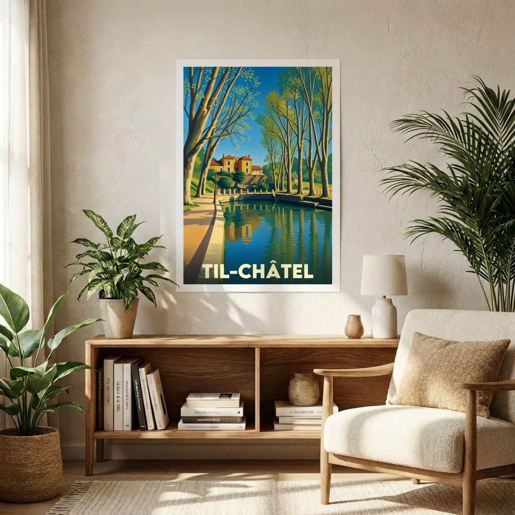 Affiche souvenir de la ville de Til-Châtel avec une illustration stylisée d'un canal bordé d'arbres.