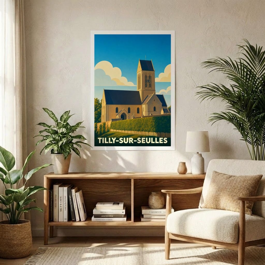 Affiche souvenir de la ville de Tilly-sur-Seulles avec une illustration stylisée de son église sous un ciel azur.