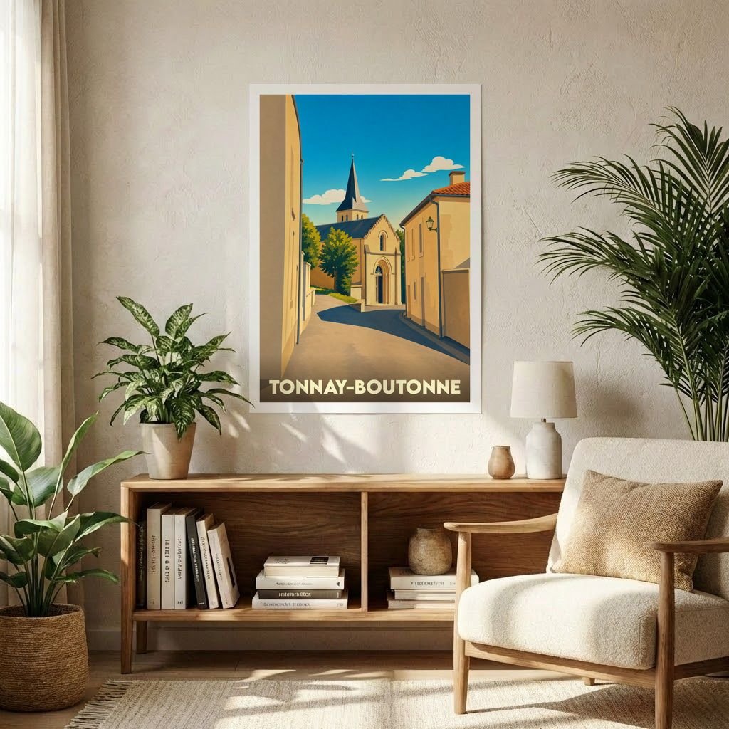 Affiche souvenir de la ville de Tonnay-Boutonne avec une illustration stylisée de son église et de ses rues ensoleillées.