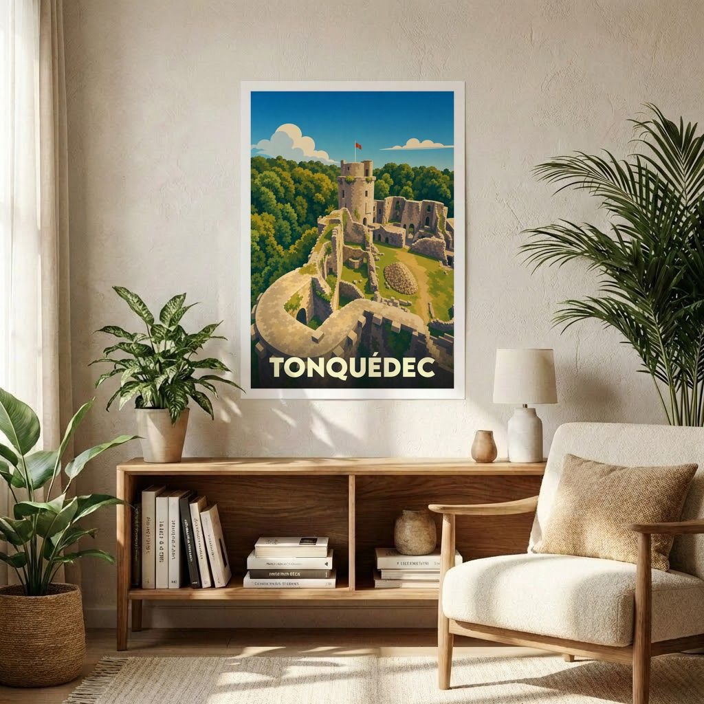 Affiche souvenir de la ville de Tonquédec représentant son château médiéval dans un style graphique épuré.
