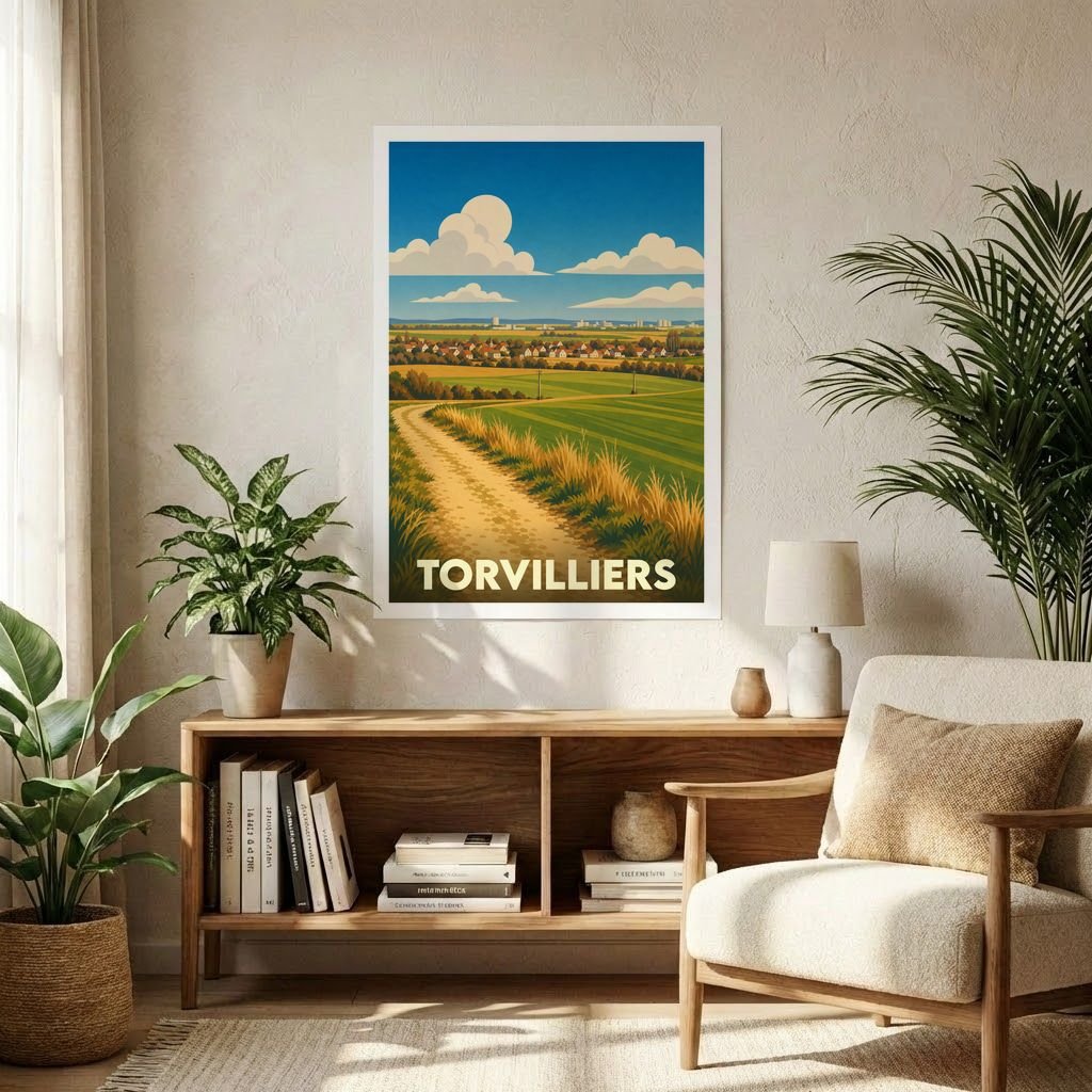 Affiche souvenir de la ville de Torvilliers avec une illustration stylisée de son paysage rural.