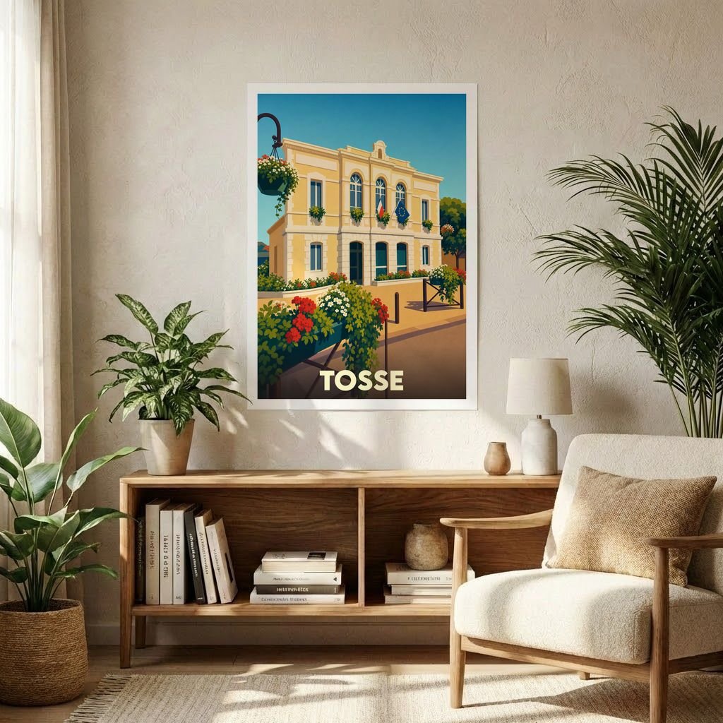 Affiche souvenir de la ville de Tosse avec une illustration colorée et stylisée de sa mairie fleurie.