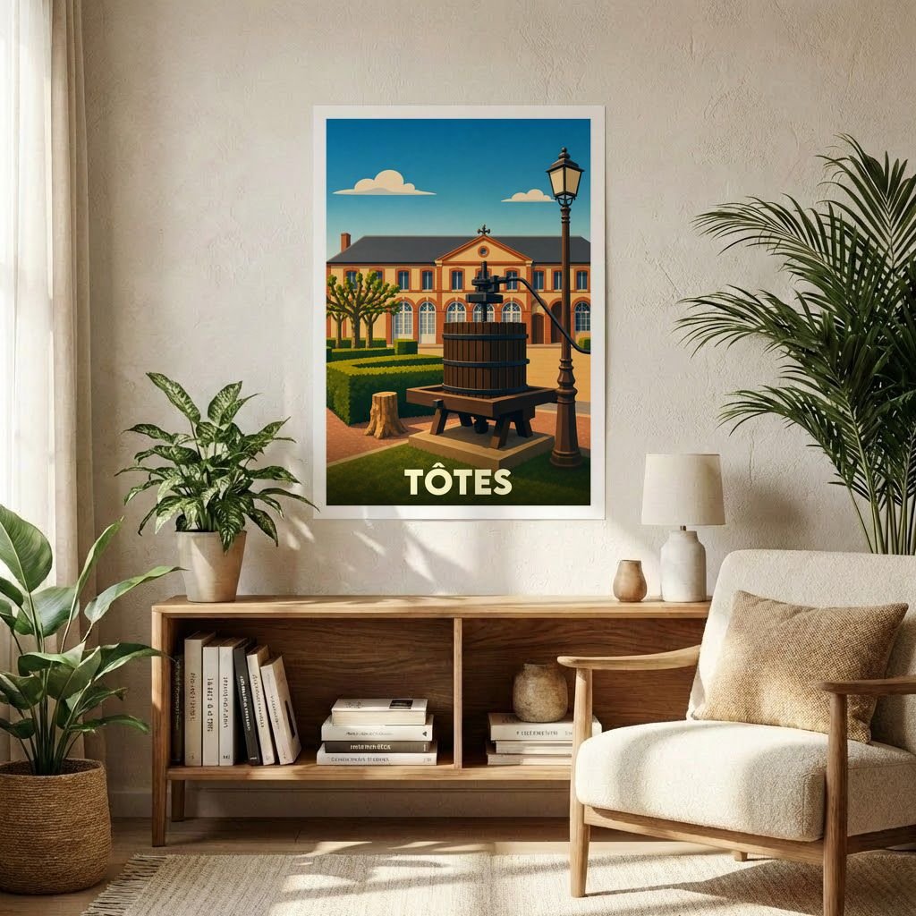 Affiche souvenir de la ville de Tôtes avec une illustration stylisée représentant un pressoir à pommes traditionnel.