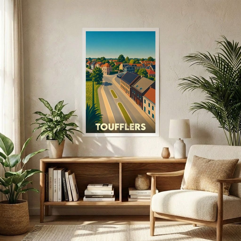 Affiche souvenir de la ville de Toufflers avec une illustration stylisée et colorée.
