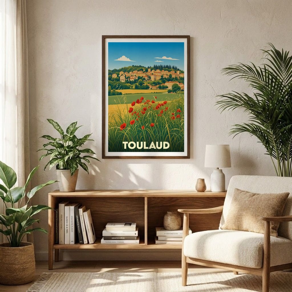 Affiche souvenir de la ville de Toulaud avec une illustration stylisée de paysages vallonnés et de coquelicots.