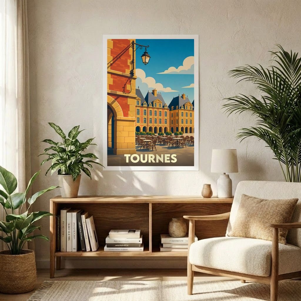 Affiche souvenir de la ville de Tournes avec une illustration stylisée représentant une place animée.