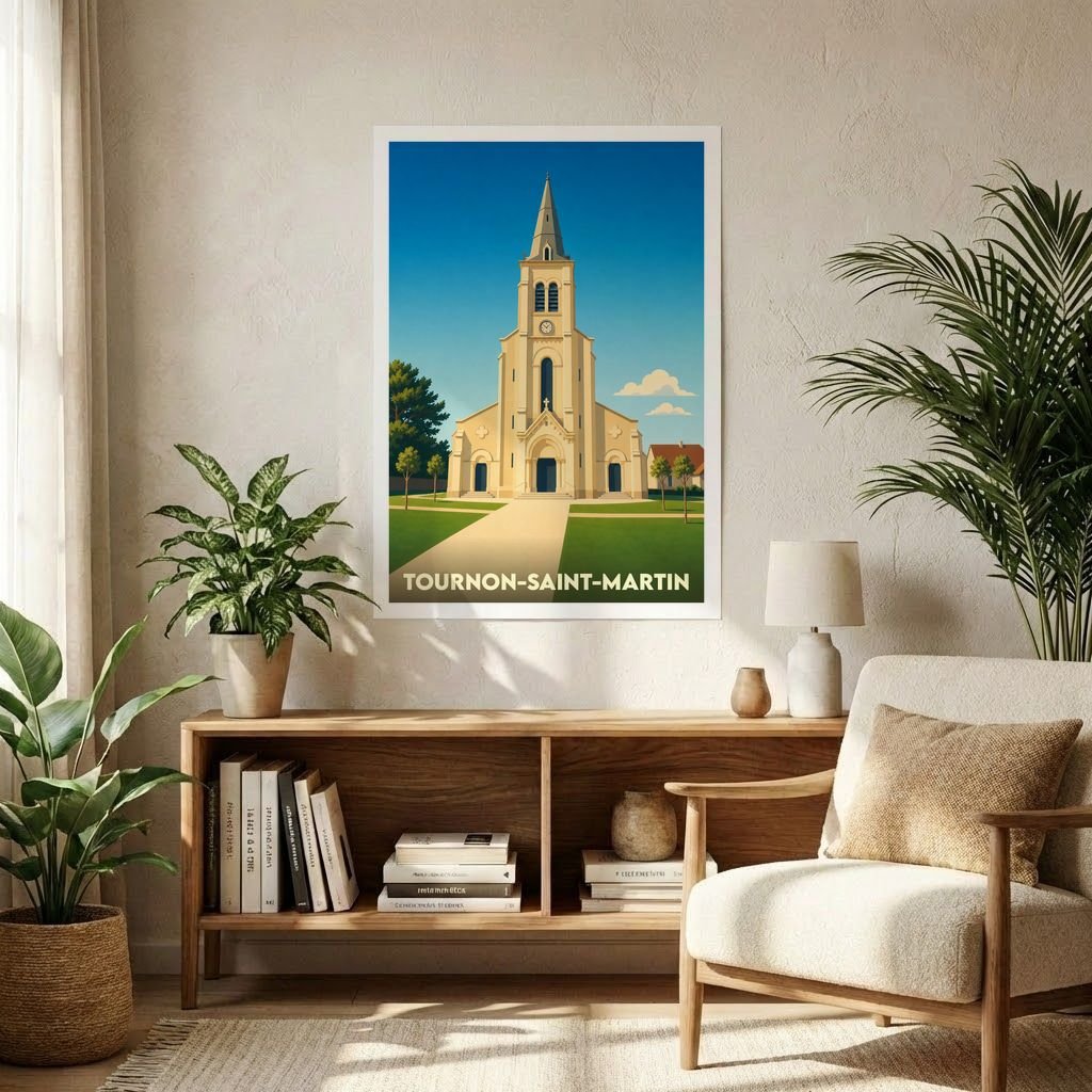 Affiche souvenir de la ville de Tournon-Saint-Martin avec une illustration stylisée de son église.