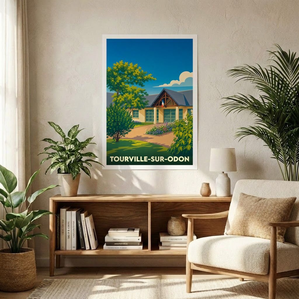 Affiche souvenir de la ville de Tourville-sur-Odon avec une illustration stylisée d'un bâtiment communal fleuri sous un ciel bleu.