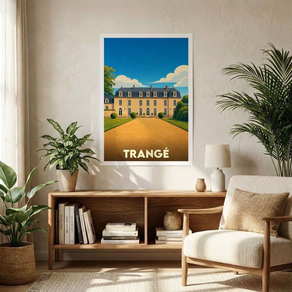 Affiche souvenir de la ville de Trangé illustrant une élégante demeure bourgeoise dans un style rétro.