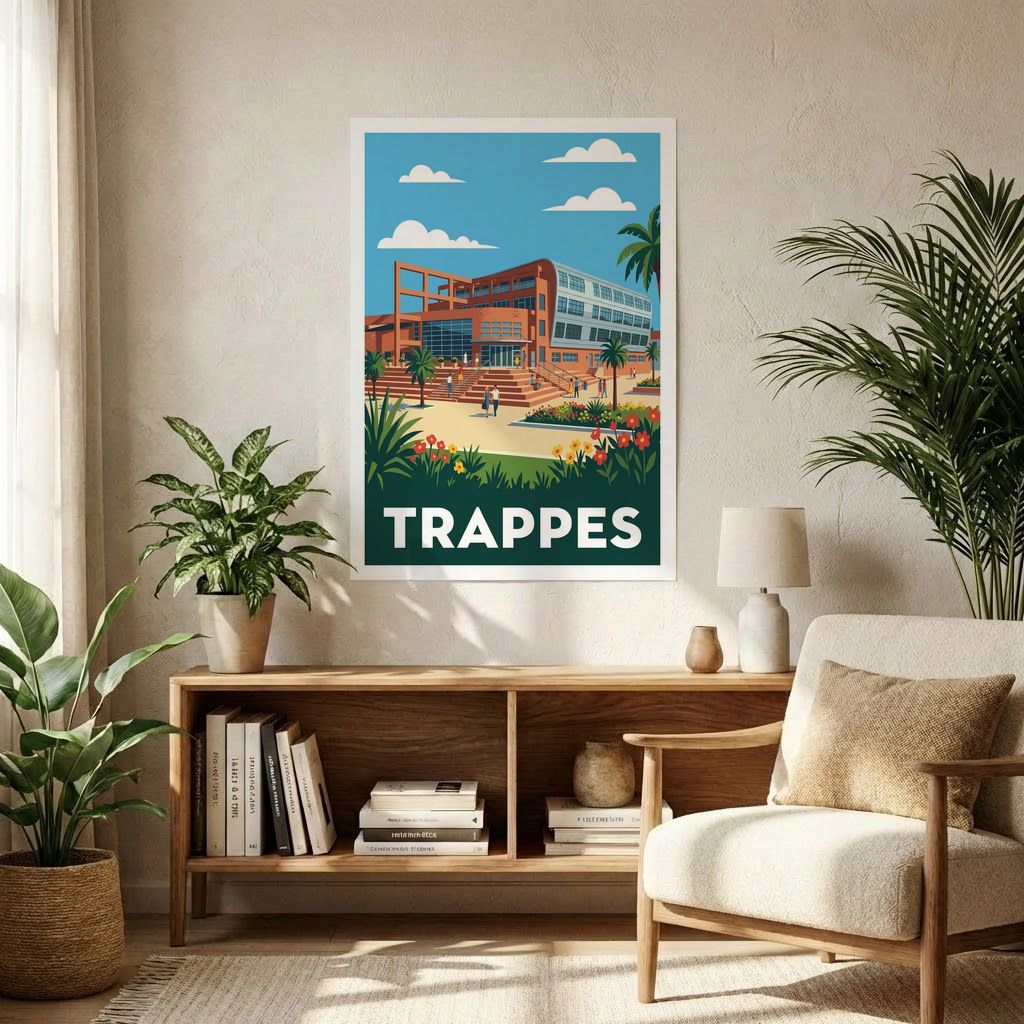 Affiche souvenir de la ville de Trappes avec une illustration stylisée.