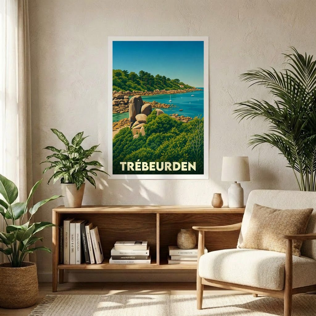 Affiche souvenir de la ville de Trébeurden avec une illustration stylisée de sa côte rocheuse.