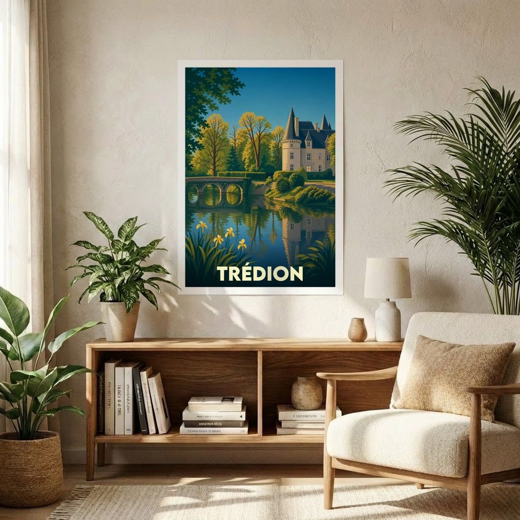 Affiche souvenir de la ville de Trédion avec une illustration stylisée d'un château au bord de l'eau.