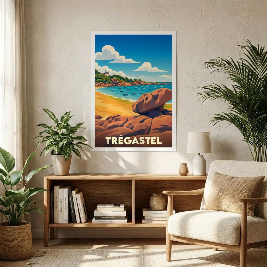 Affiche souvenir de la ville de Trégastel avec une illustration stylisée de sa côte de granit rose.
