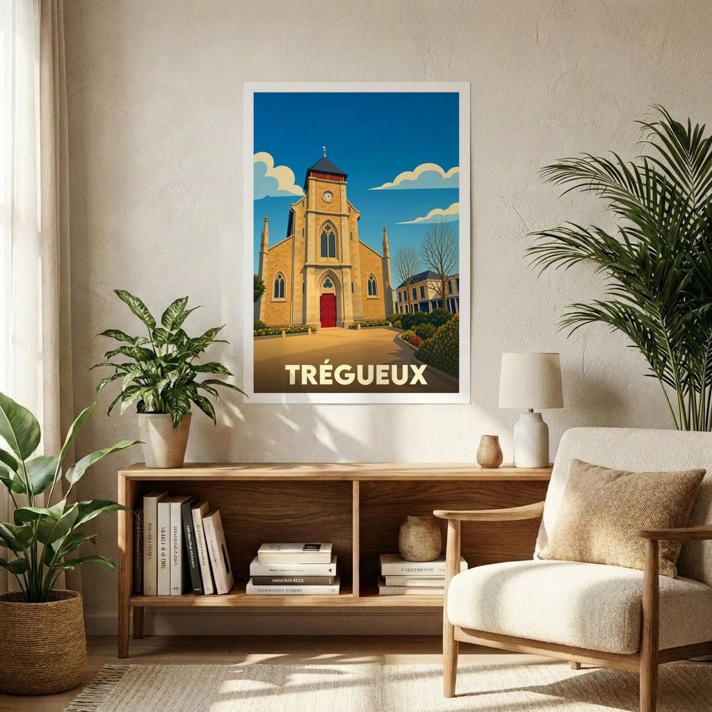 Affiche souvenir de la ville de Trégueux avec une illustration stylisée de son église.