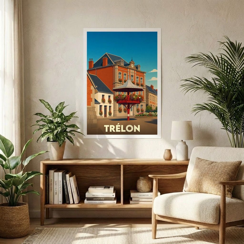 Affiche souvenir de la ville de Trélon avec une illustration stylisée et colorée.