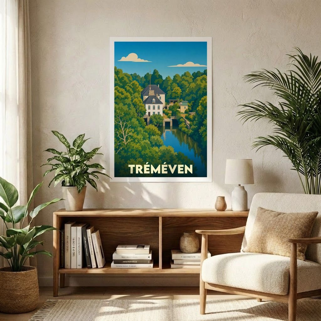 Affiche souvenir de la ville de Tréméven avec une illustration stylisée représentant une demeure au bord de l'eau.