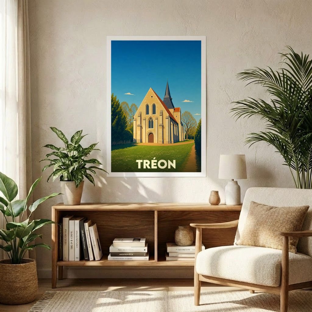 Affiche souvenir de la ville de Tréon présentant une illustration stylisée de son église sous un ciel bleu.
