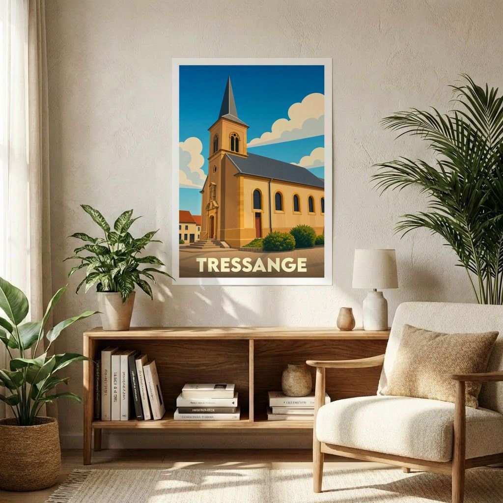 Affiche souvenir de la ville de Tressange présentant une illustration stylisée de son église sous un ciel azur.
