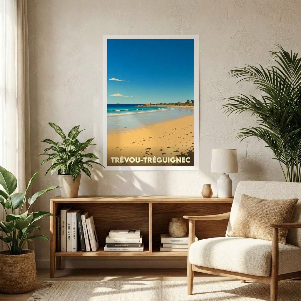 Affiche souvenir de la ville de Trévou-Tréguignec avec une illustration stylisée de sa plage.
