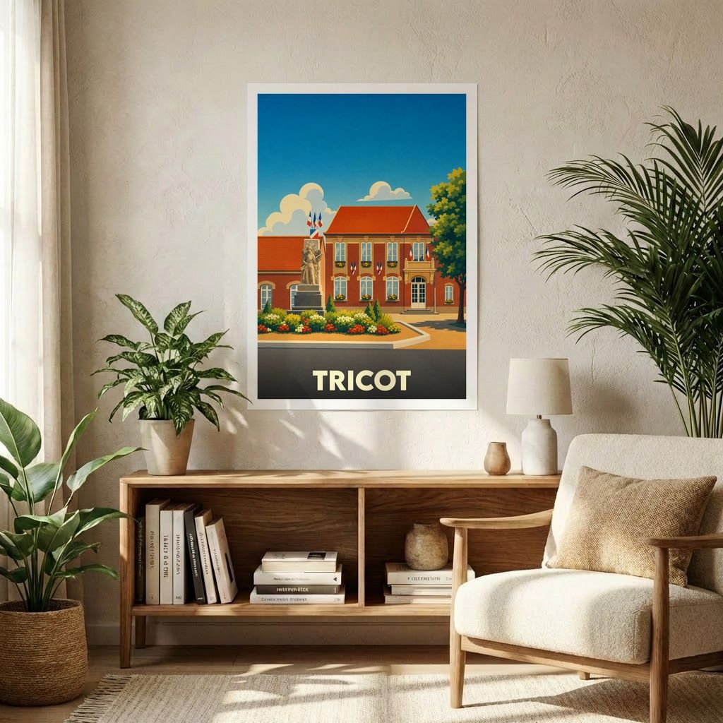 Affiche souvenir de la ville de Tricot avec une illustration stylisée et colorée de son architecture.