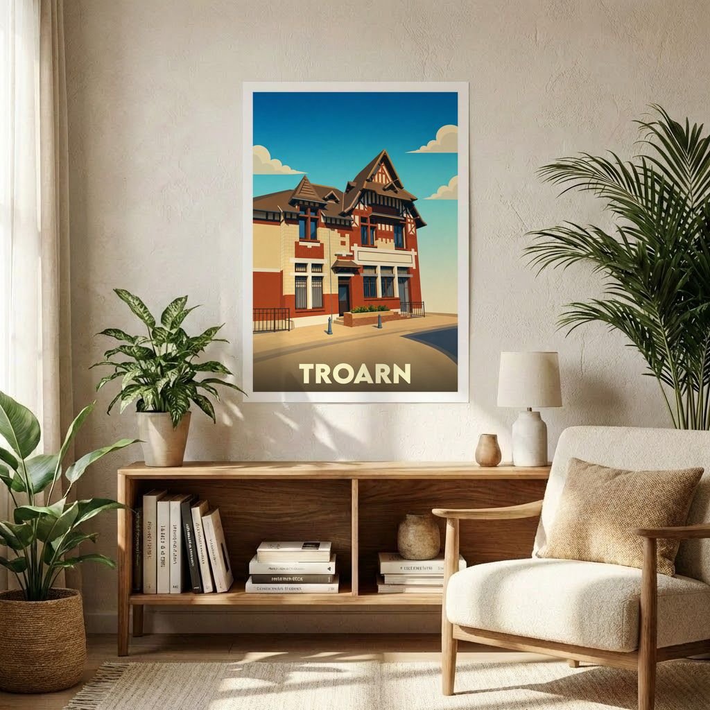 Affiche souvenir de la ville de Troarn avec une illustration stylisée d'un bâtiment emblématique.