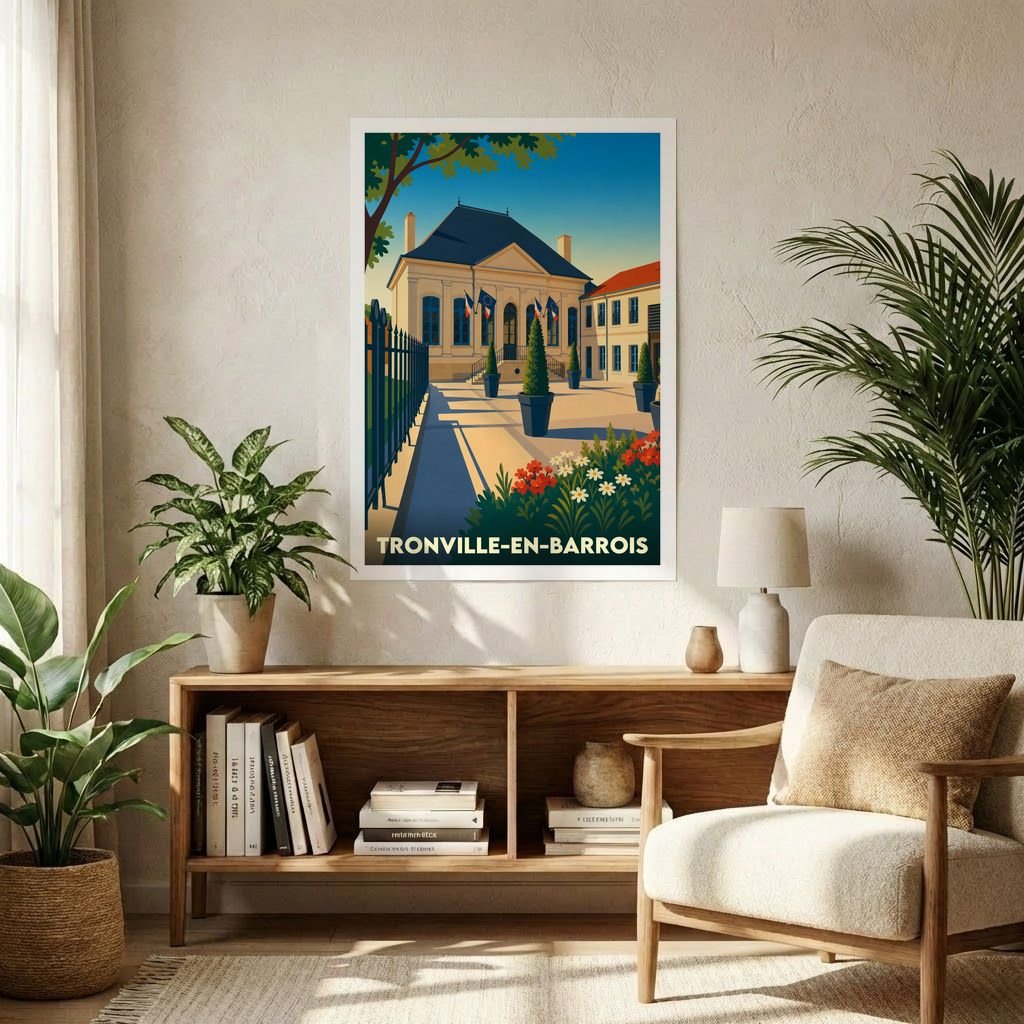 Affiche souvenir de la ville de Tronville-en-Barrois avec une illustration stylisée de son hôtel de ville.