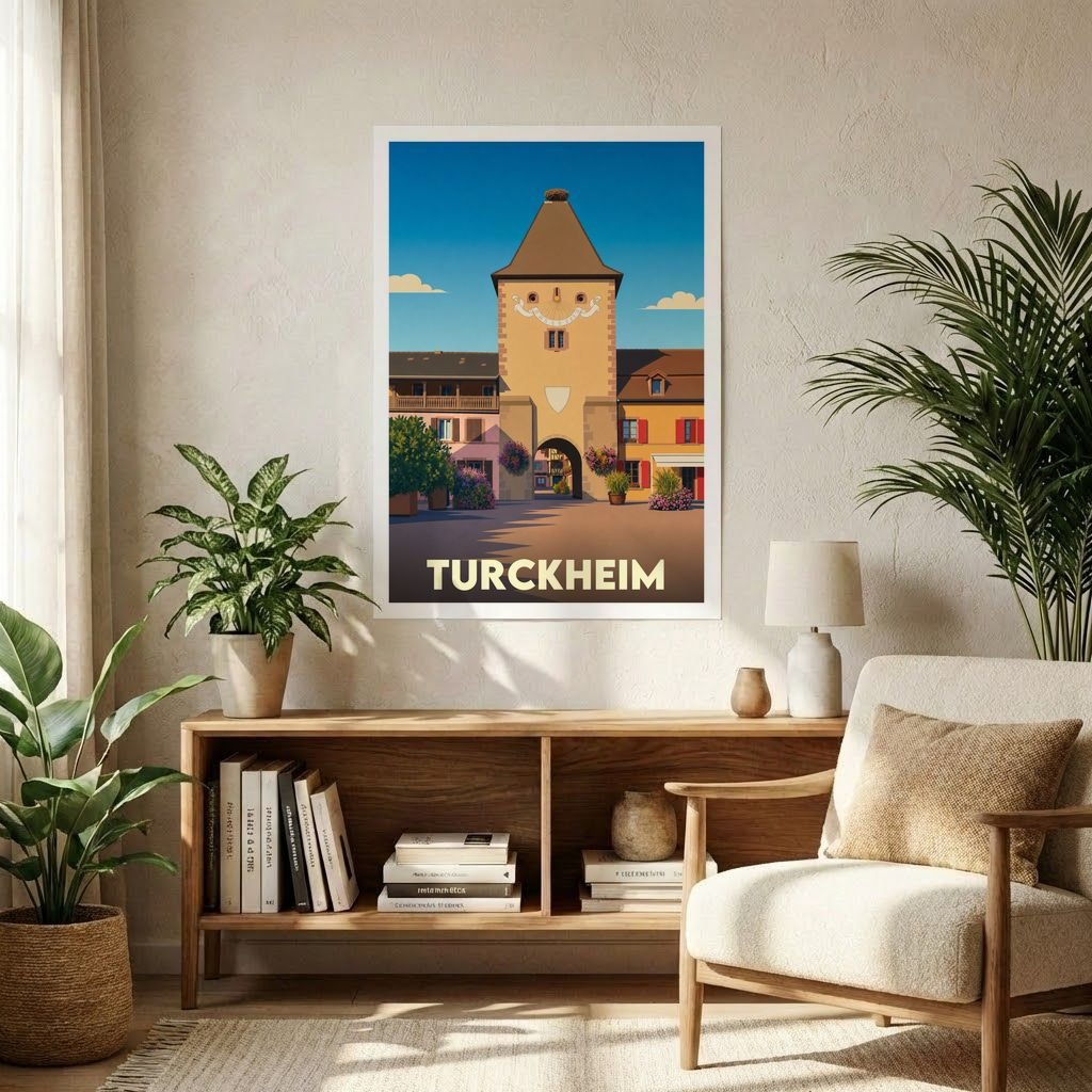Affiche souvenir de la ville de Turckheim avec une illustration stylisée d'une tour historique.