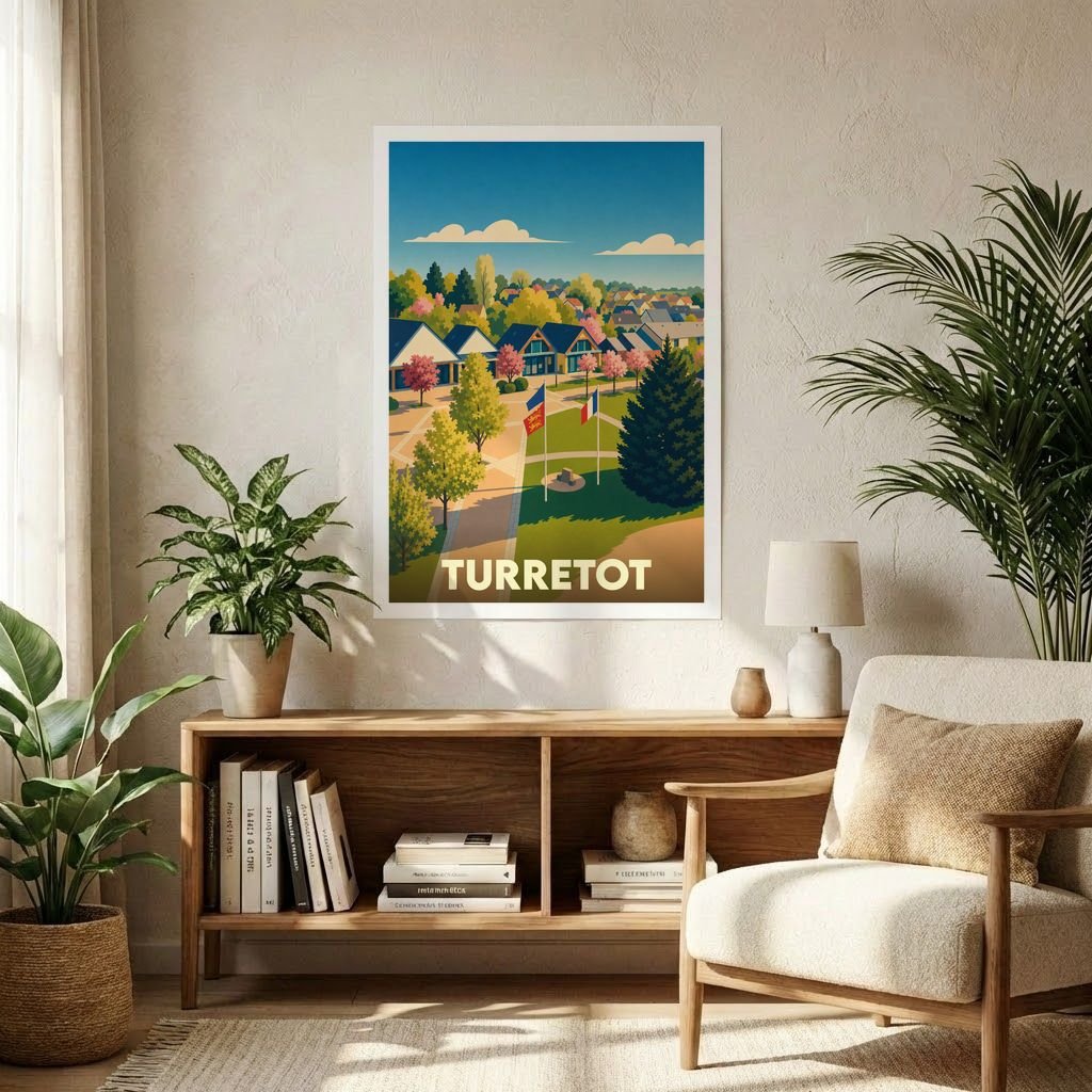 Affiche souvenir de la ville de Turretot présentant une illustration paysagère stylisée et colorée.