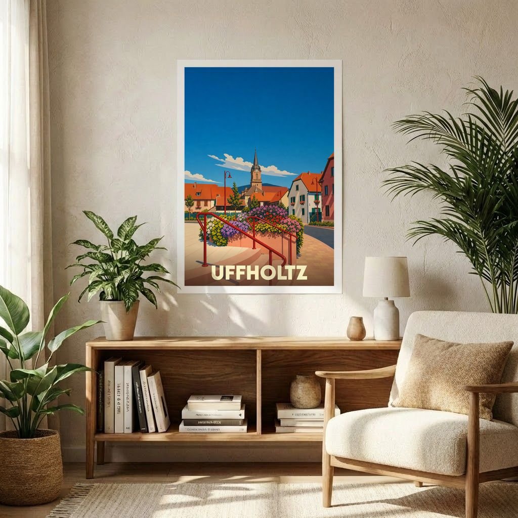 Affiche souvenir de la ville de Uffholtz présentant une illustration stylisée et colorée de son centre historique.
