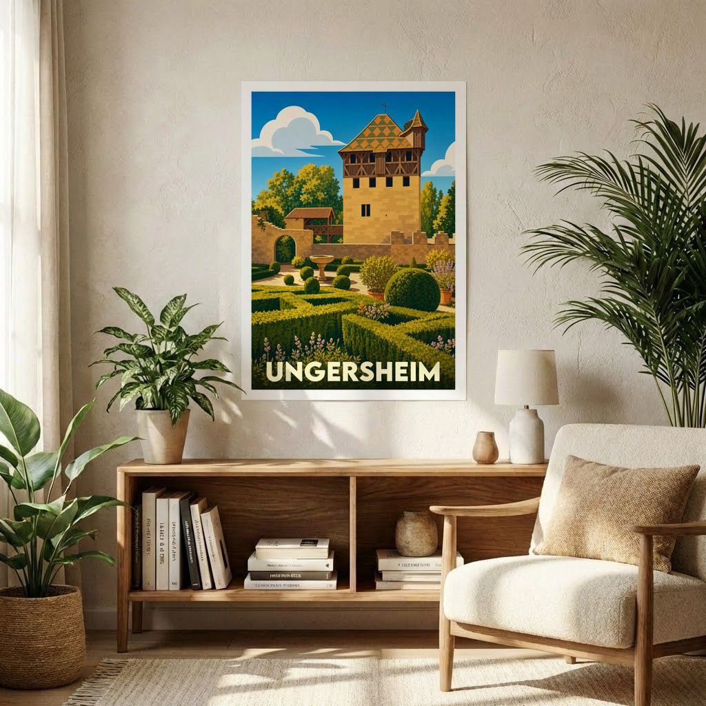 Affiche souvenir de la ville d'Ungersheim représentant un château et ses jardins dans un style illustré.