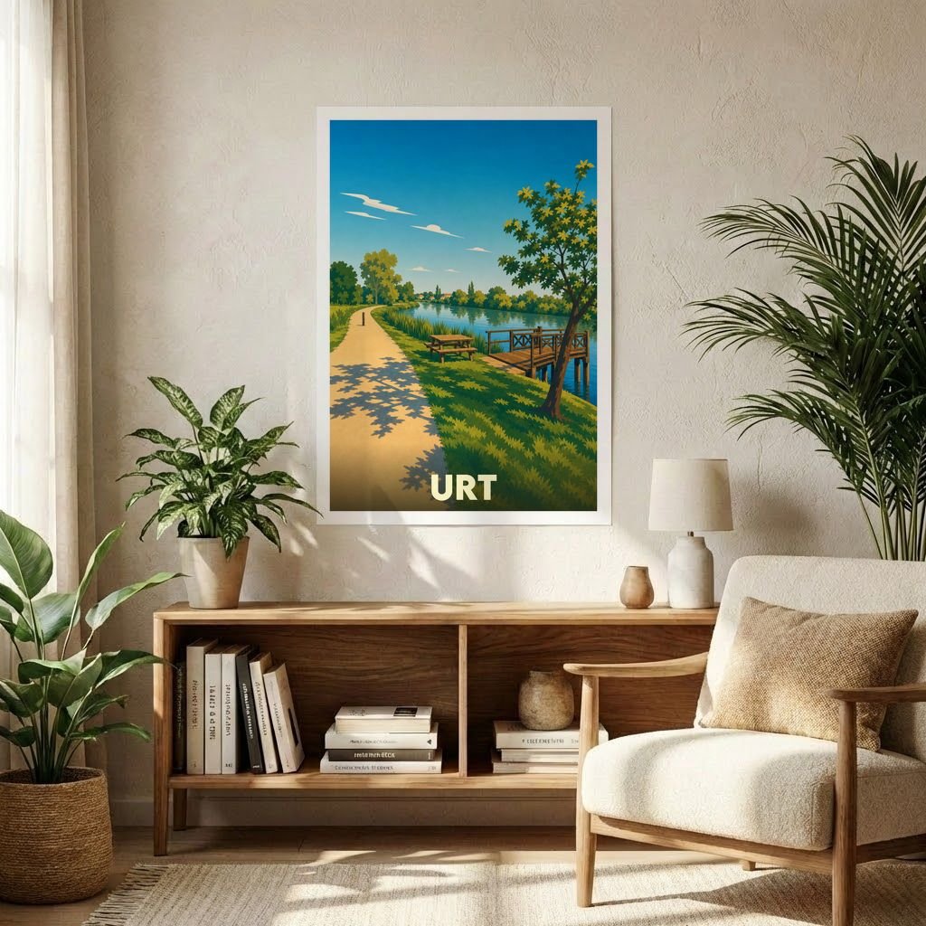 Affiche souvenir de la ville de Urt avec une illustration stylisée d'un paysage de bord d'eau.